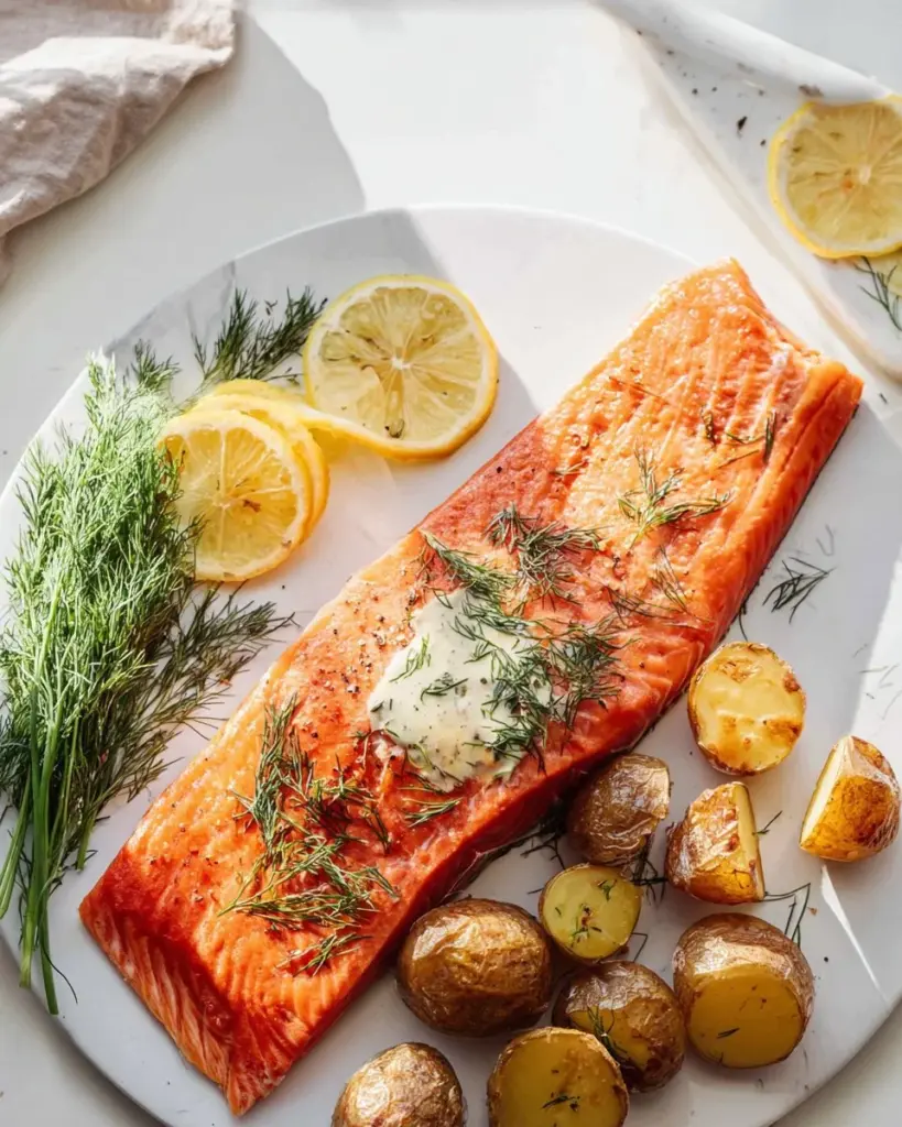 Homemade smoked salmon on a wooden board with herbs and lemon slices