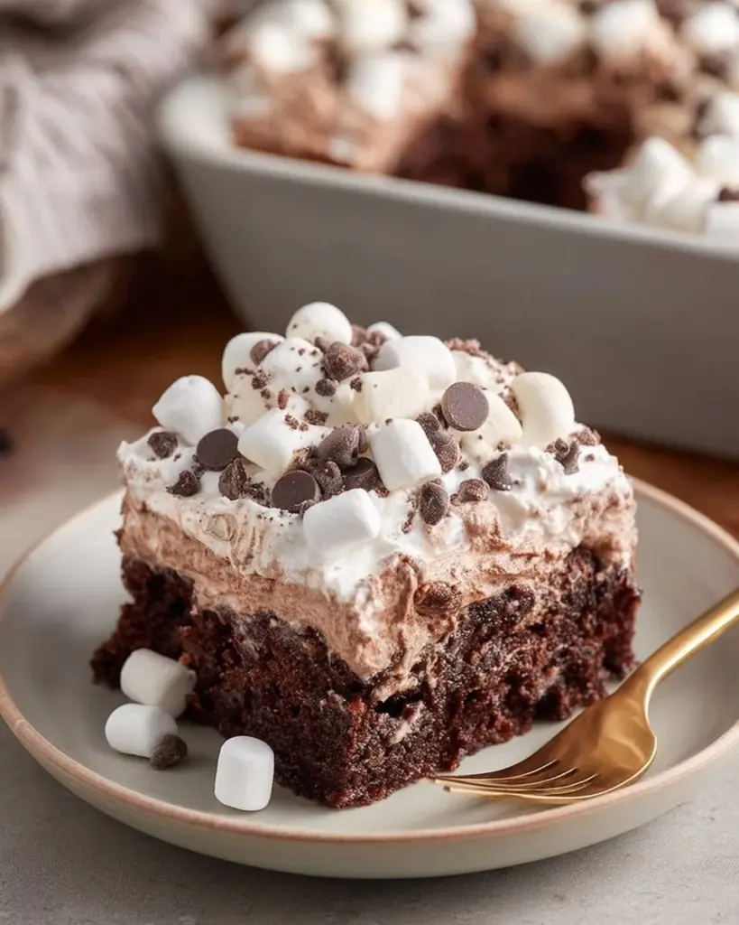 Delicious hot chocolate poke cake topped with chocolate frosting and melted marshmallows