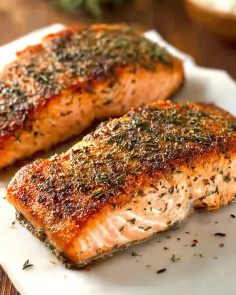 Delicious hot smoked salmon on a wooden board garnished with herbs.