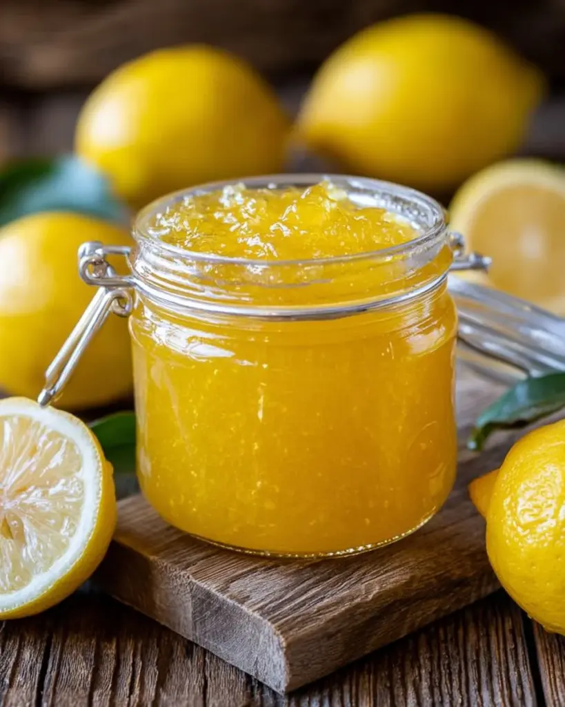 Jar of homemade Italian lemon jam with lemon slices and fresh herbs