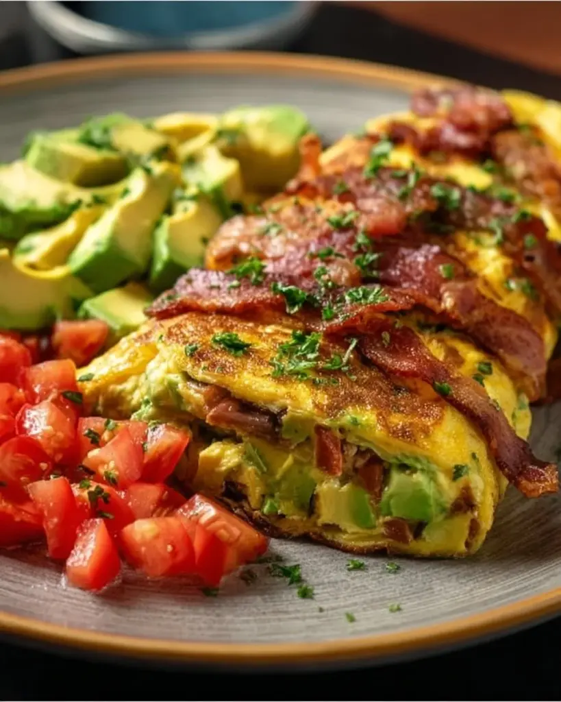 Keto avocado bacon omelette filled with creamy avocado and crispy bacon