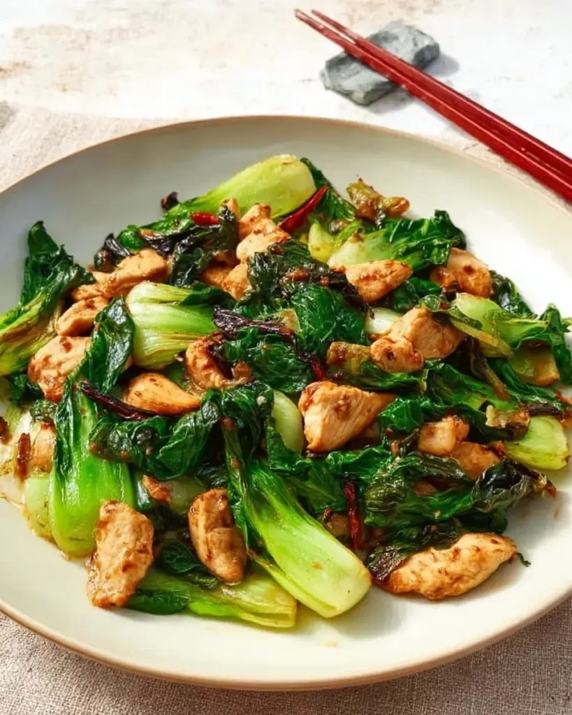 Keto-Friendly Chicken Bok Choy Stir Fry with vegetables and chicken on a plate