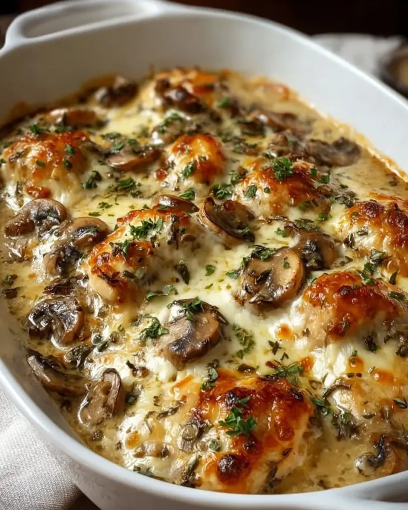Keto Garlic Mushroom Chicken Casserole prepared in a baking dish