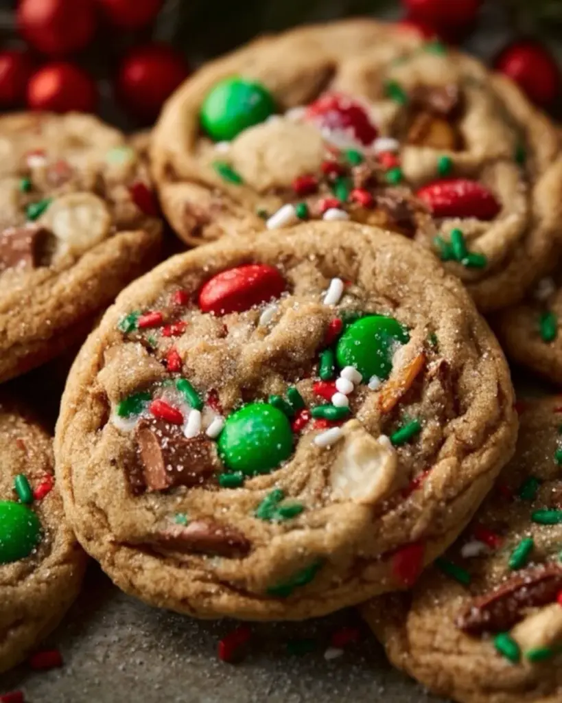 A plate of vibrant Kitchen Sink Christmas Cookies with festive decorations.