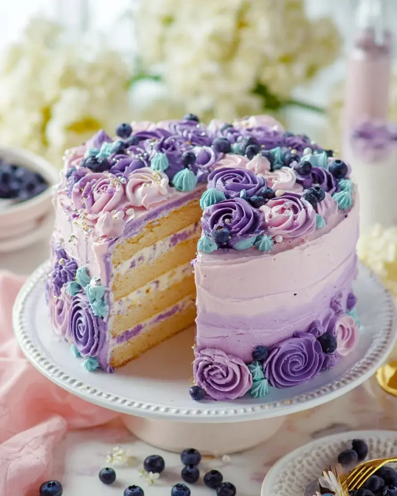 Lavender Cake with Lavender Buttercream Frosting, decorated with edible flowers
