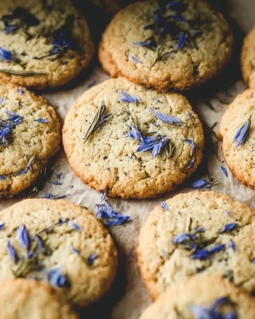 Lavender Earl Grey Cookies with floral decoration on a plate