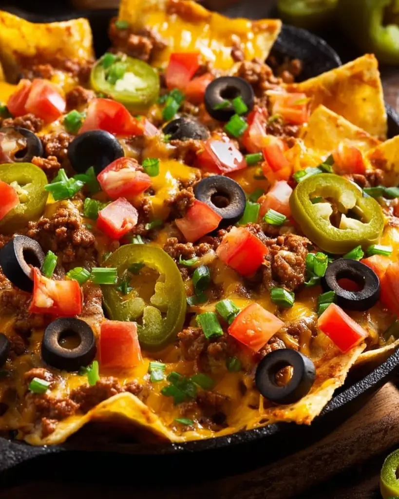 A plate of loaded nachos topped with cheese, jalapeños, and guacamole