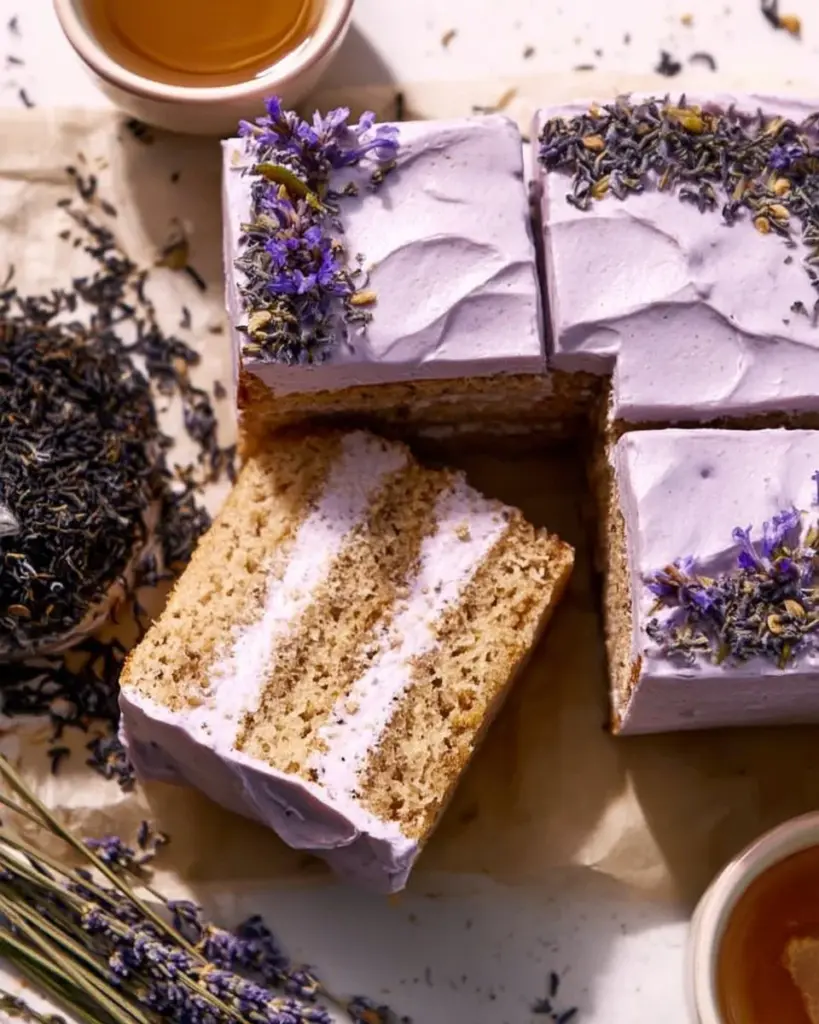 Moist and flavorful London Fog Cake topped with cream and Earl Grey tea