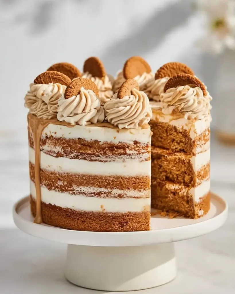 Delicious homemade Lotus Biscoff Cake with creamy frosting and Biscoff cookies