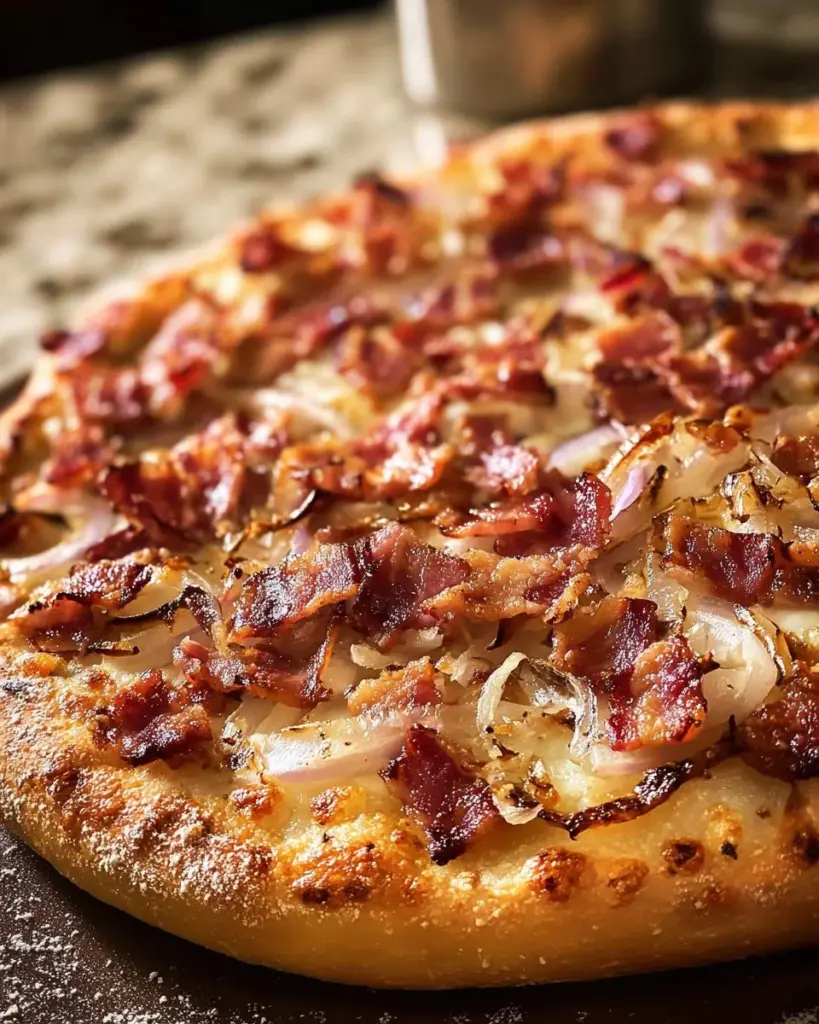 Delicious Maple Bacon Pizza topped with caramelized onions