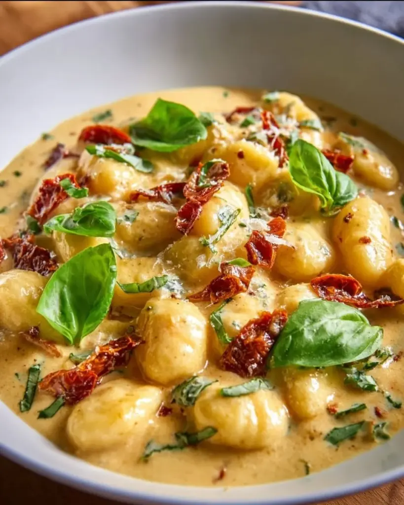 Delicious bowl of Marry Me Gnocchi topped with fresh herbs and grated cheese