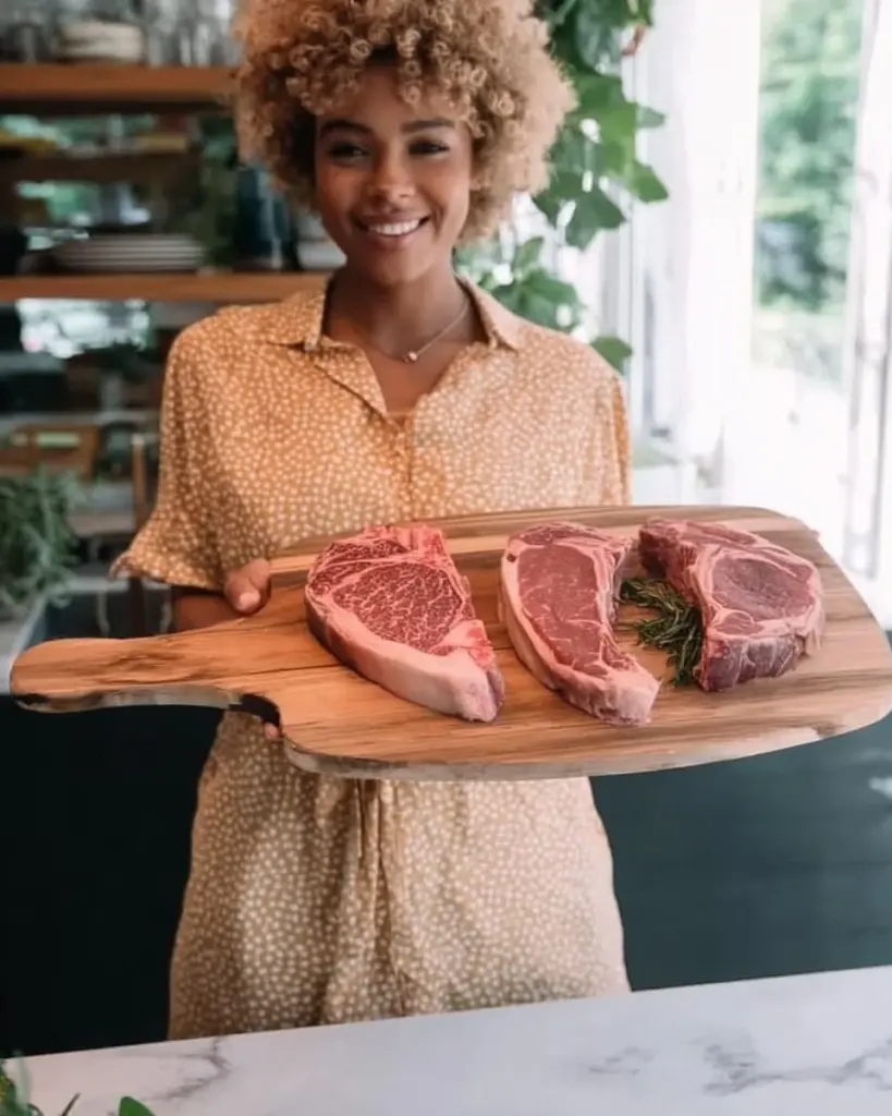 Deliciously cooked perfect steak resting on a wooden cutting board.