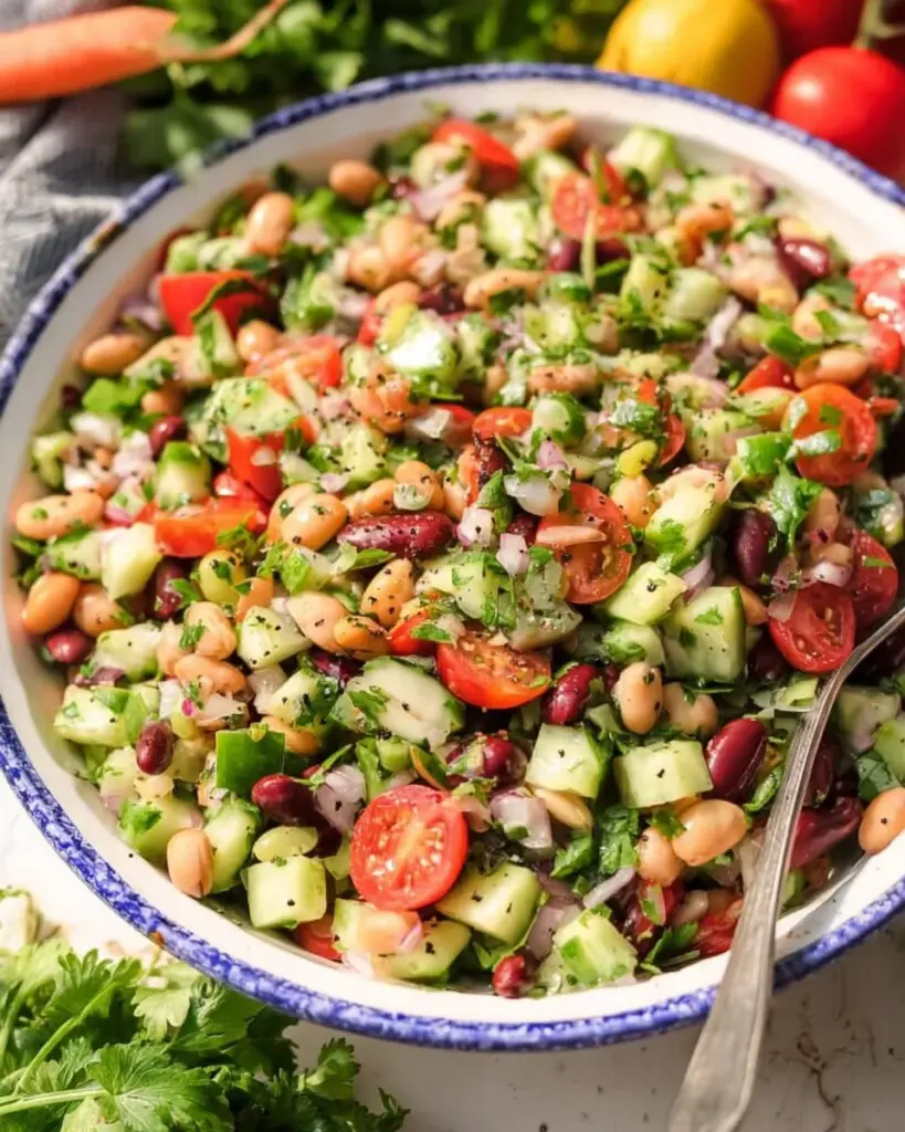 Colorful Mediterranean Bean Salad with fresh vegetables and herbs
