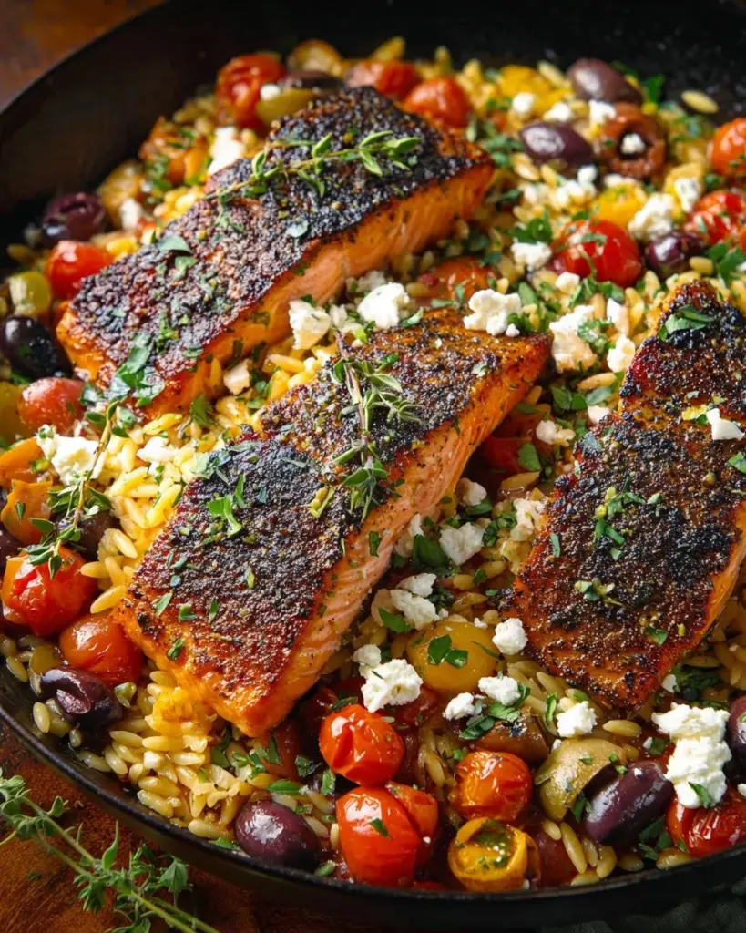 Plate of Mediterranean Salmon garnished with herbs and lemon slices
