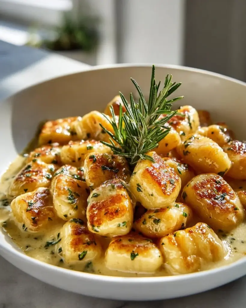 Delicious Millionaire Gnocchi topped with creamy sauce and herbs
