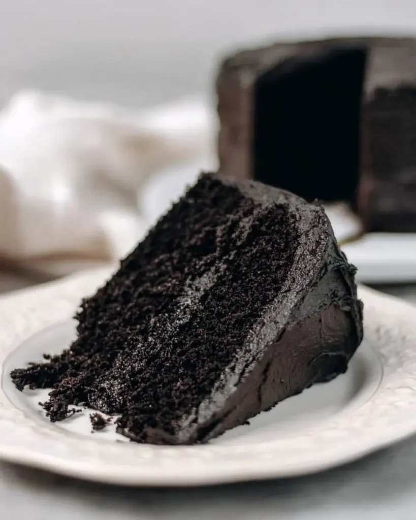 A slice of moist black velvet cake with cream cheese frosting on a decorative plate.