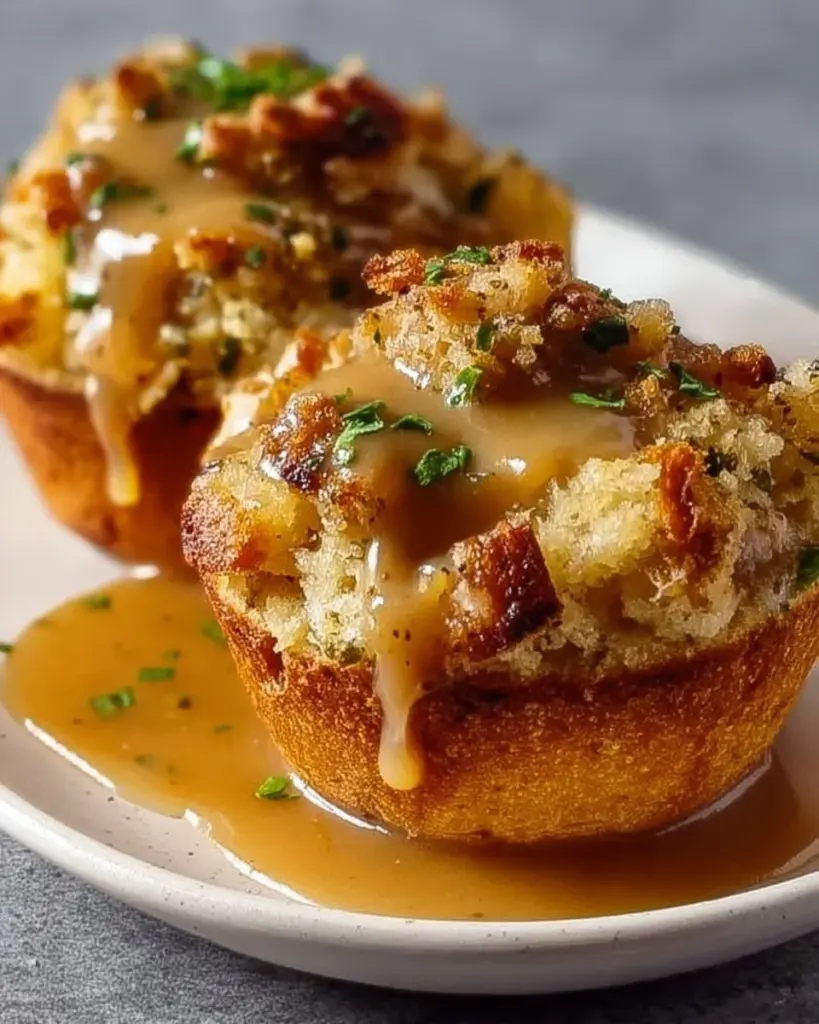 Turkey Stuffing Cups baked in a muffin tin for a festive holiday meal.