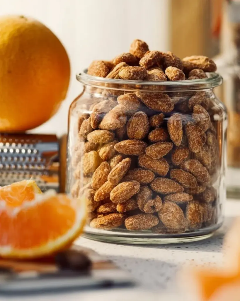 Bowl of orange candied almonds garnished with zest