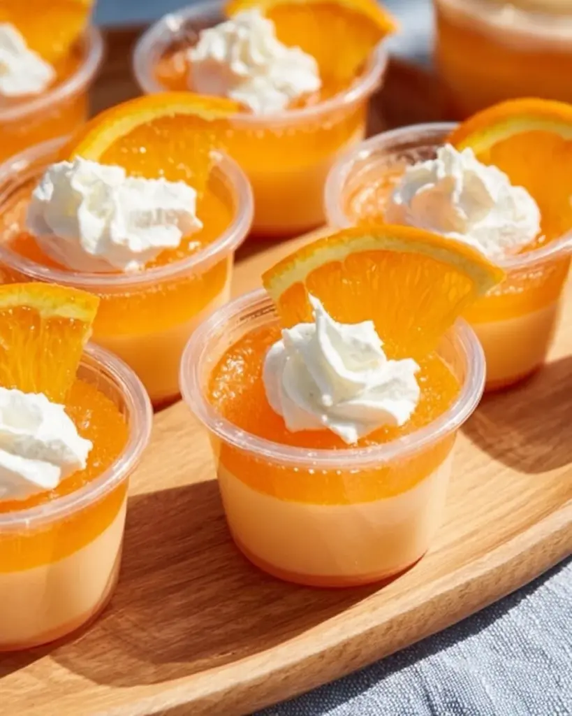 Delicious Orange Creamsicle Jello Shots served in clear cups