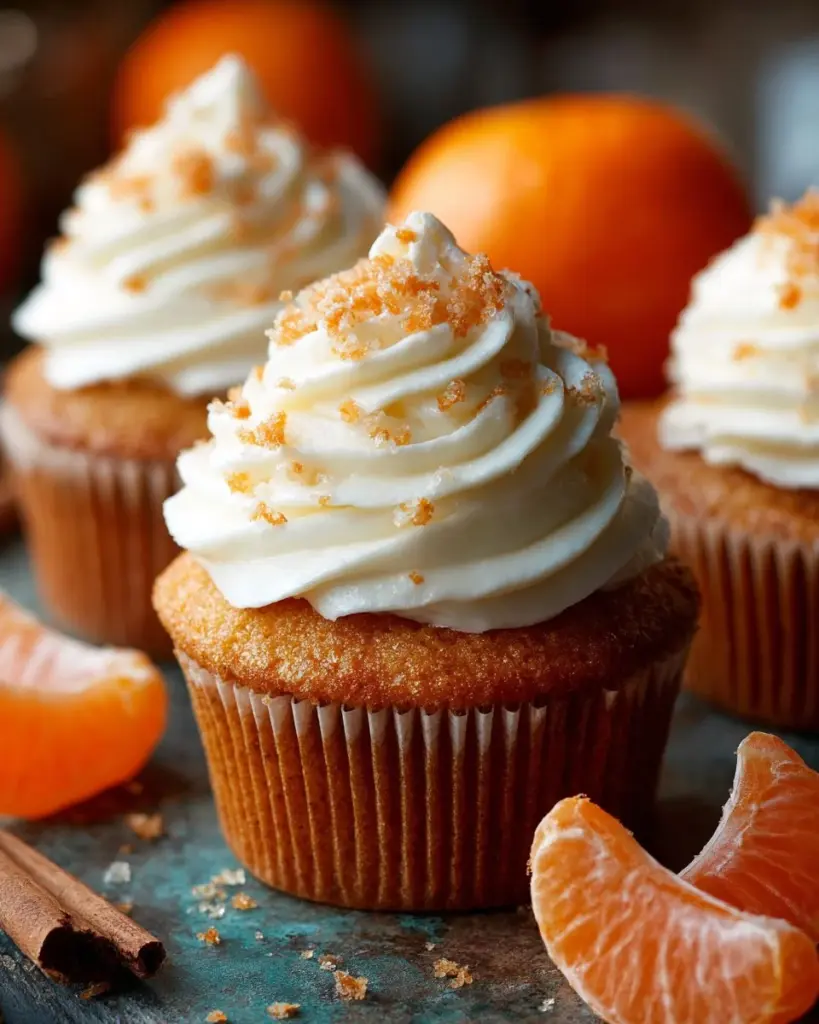 Delicious Orange Spice Cupcakes topped with orange frosting and spice sprinkles