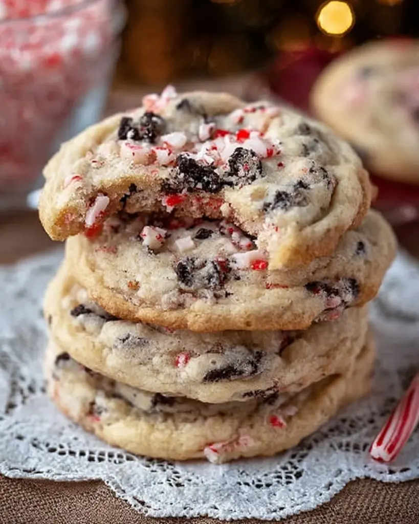 Oreo Peppermint Crunch Cookies decorated for Christmas baking.
