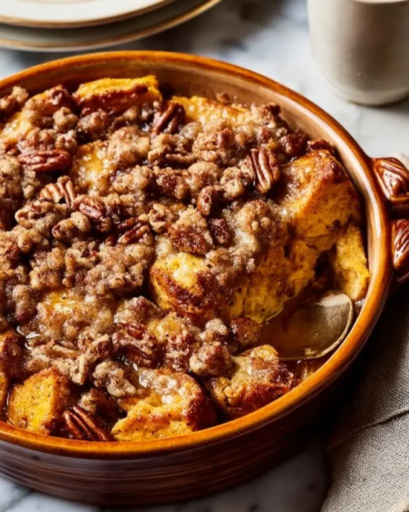 Delicious Overnight Pumpkin French Toast Casserole served with syrup and whipped cream