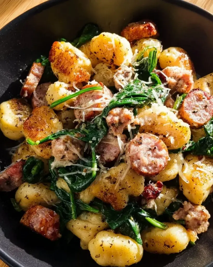 Pan-fried gnocchi served with sausage and spinach in a vibrant dish.