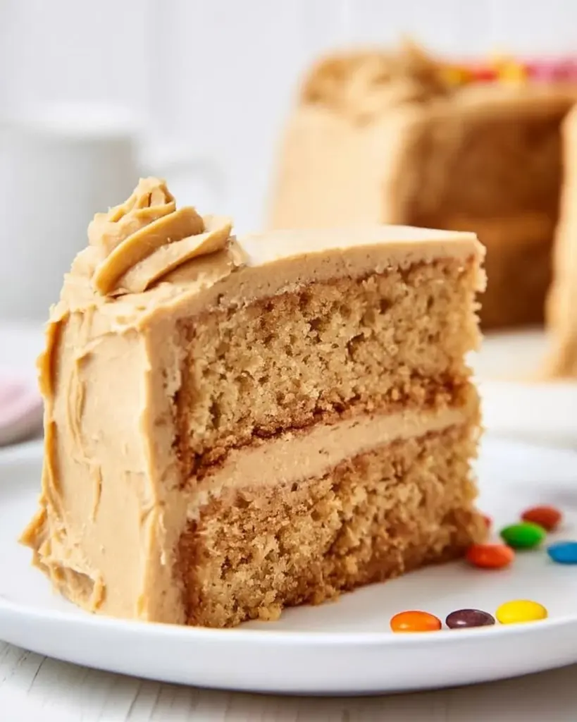 Delicious slice of Peanut Butter Cake topped with creamy frosting