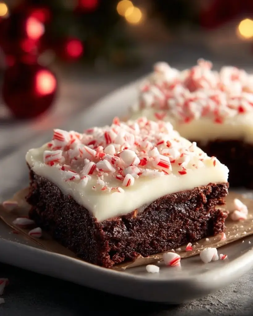 Delicious peppermint bark brownies topped with crushed candy canes.