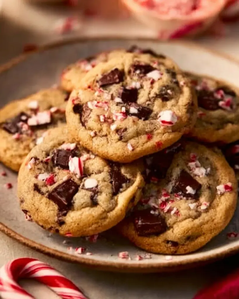 Freshly baked Peppermint Chocolate Chip Cookies on a cooling rack