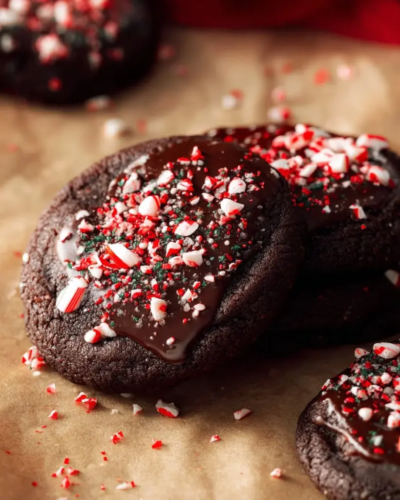 Delicious Peppermint Mocha Cookies topped with chocolate and peppermint sprinkles.
