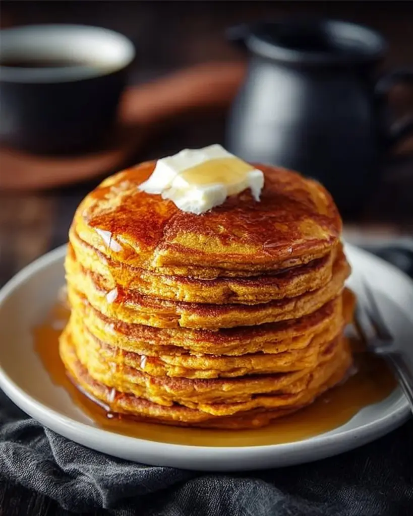 Stack of perfect pumpkin pancakes topped with syrup and spices