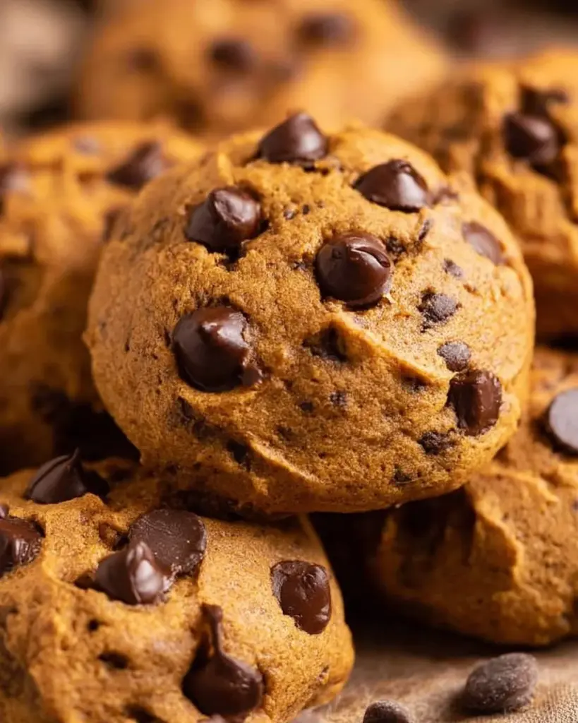Delicious soft pumpkin chocolate chip cookies on a decorative plate