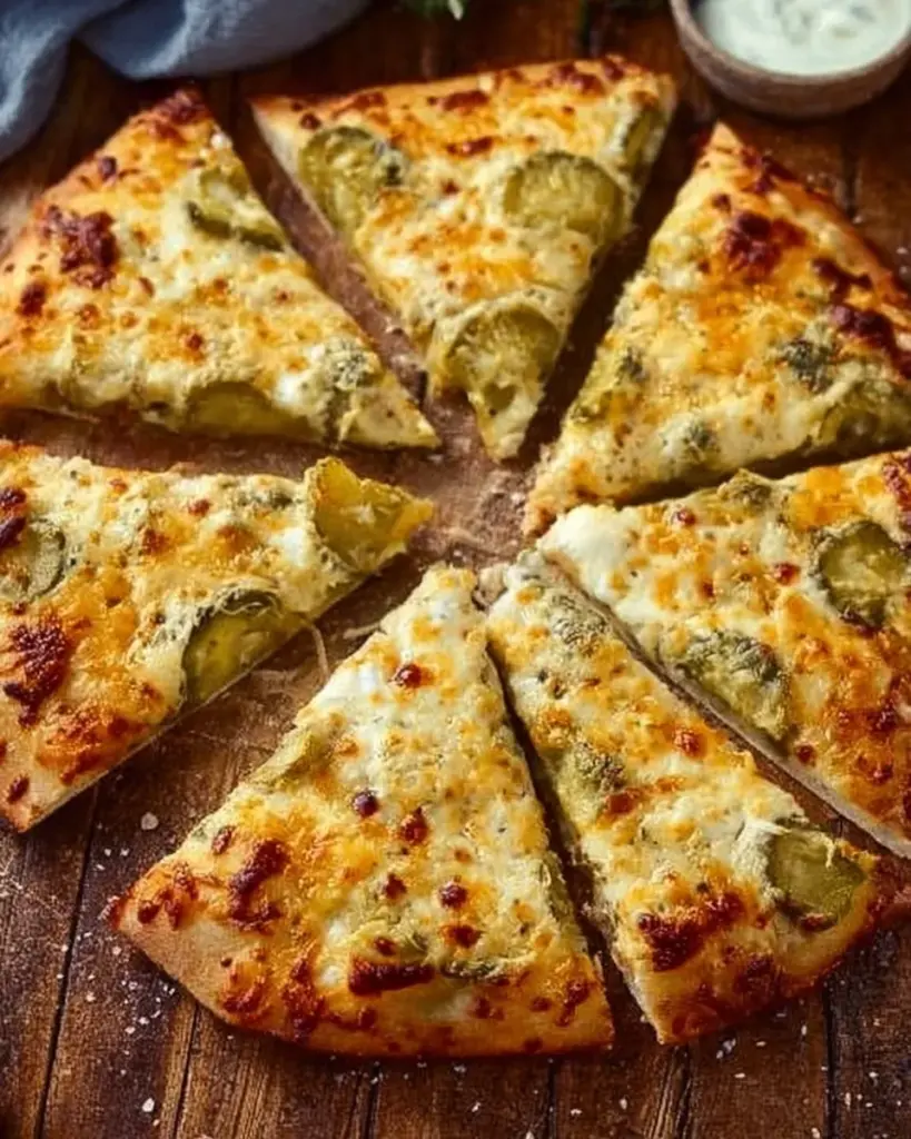 Delicious pickle pizza topped with pickles and cheese.