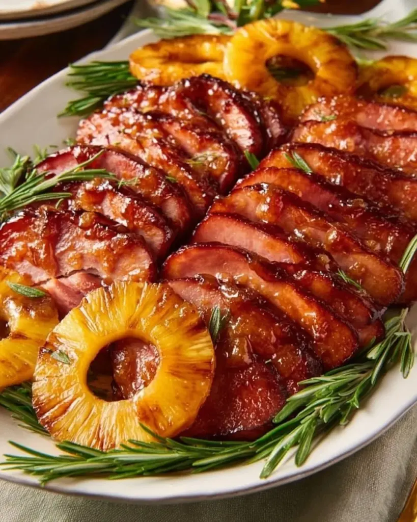Pineapple Brown Sugar Glazed Ham garnished and served on a platter