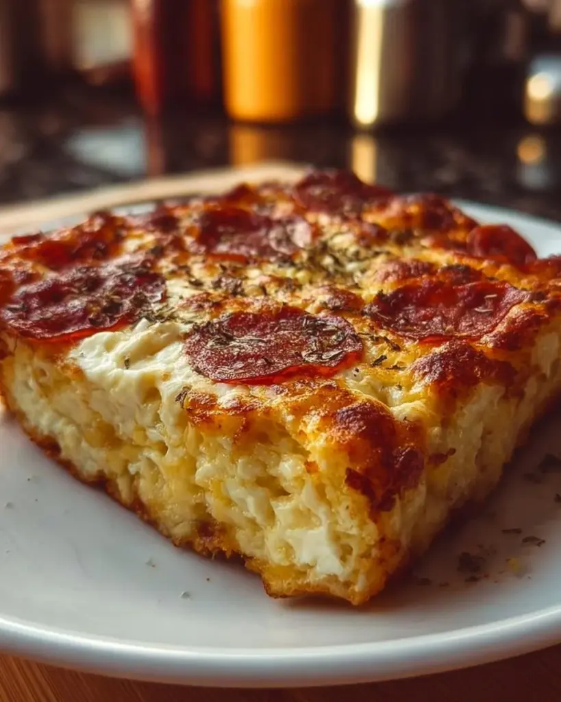 Pizza Style Cottage Cheese Bake with fresh toppings and melted cheese.