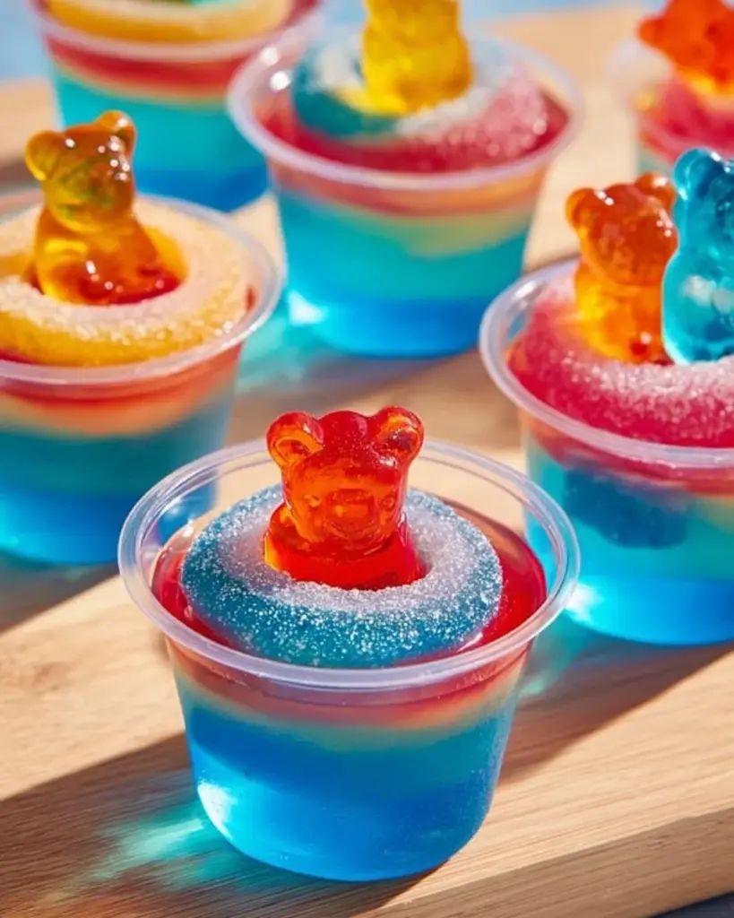 Colorful jello shots served at a sunny pool party