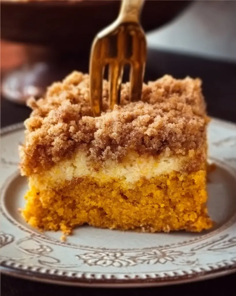 Pumpkin cake with cream cheese frosting and pumpkin spice streusel topping