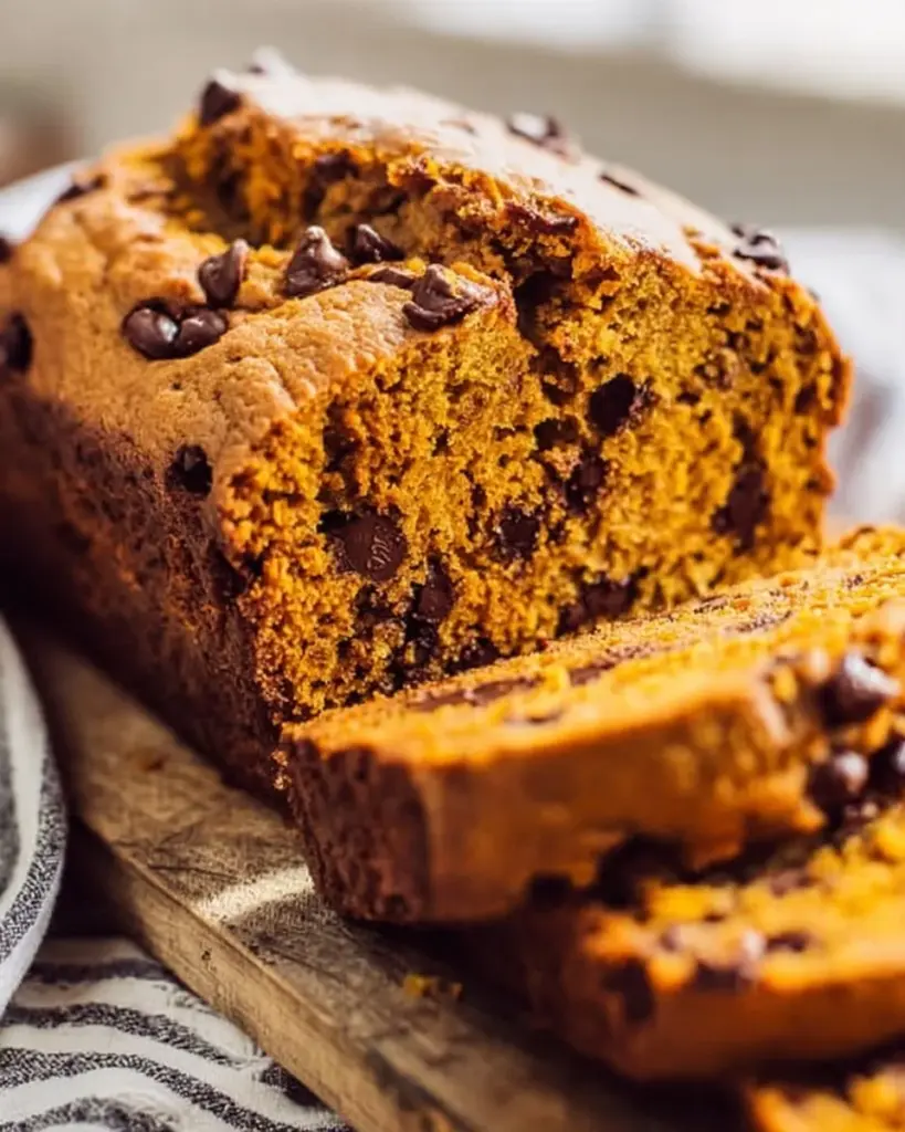 Loaf of Pumpkin Chocolate Chip Bread topped with chocolate chips on a wooden surface.