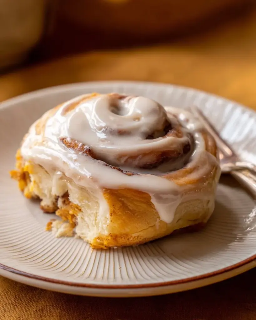 Freshly baked pumpkin cinnamon rolls with cream cheese frosting