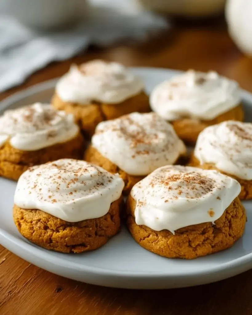 Pumpkin cookies topped with creamy cream cheese frosting on a plate