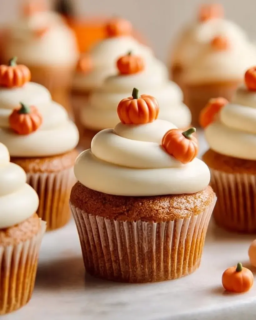 Delicious pumpkin cupcakes topped with cream cheese frosting and spices
