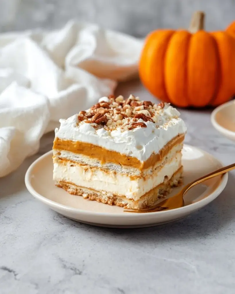Delicious Pumpkin Lush dessert served in a glass dish with whipped topping.