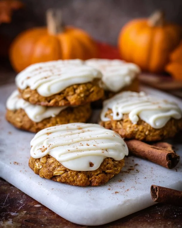 Pumpkin Oatmeal Cookies with spiced cream cheese icing on a platter