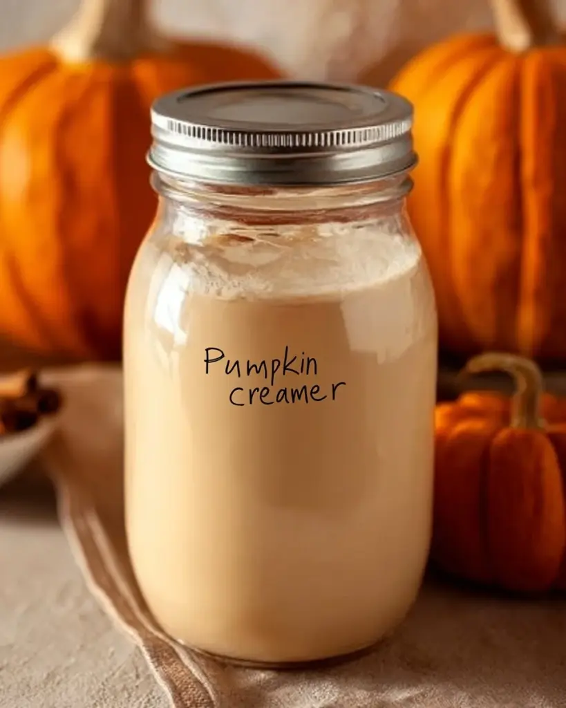 Pumpkin spice latte creamer with autumn spices and coffee cup