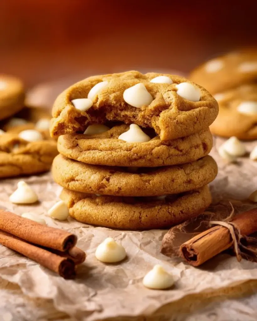Freshly baked Pumpkin White Chocolate Chip Cookies on a cooling rack