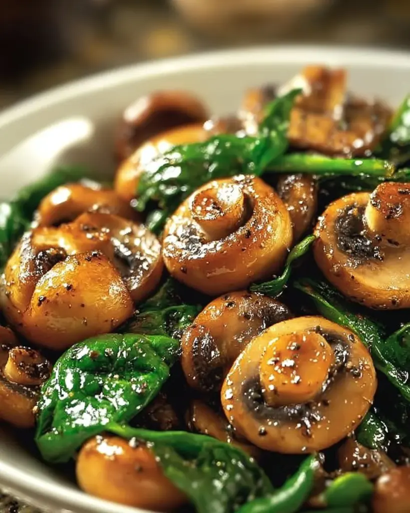 Plate of quick and healthy sautéed mushrooms with spinach, garnished and ready to serve.