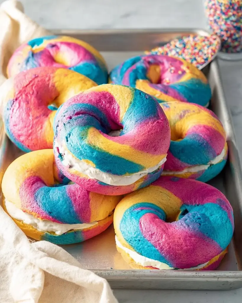 Delicious and colorful Rainbow Bagels arranged on a platter.