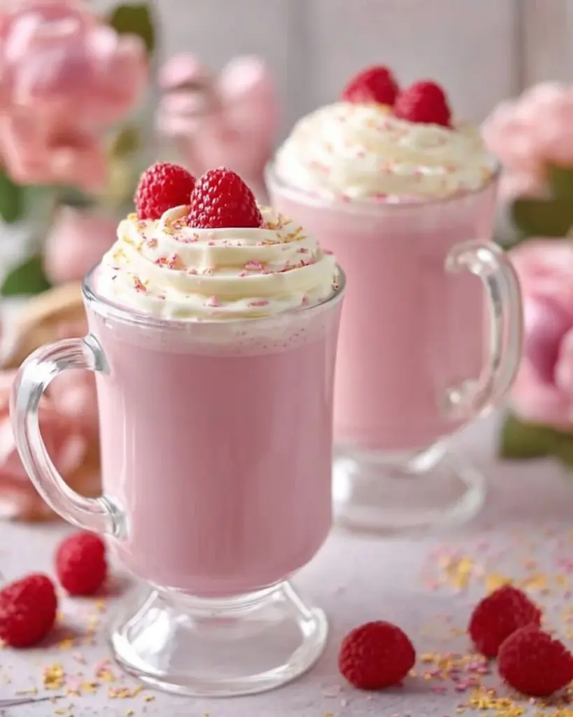 A cup of Raspberry White Hot Chocolate topped with raspberry and whipped cream.
