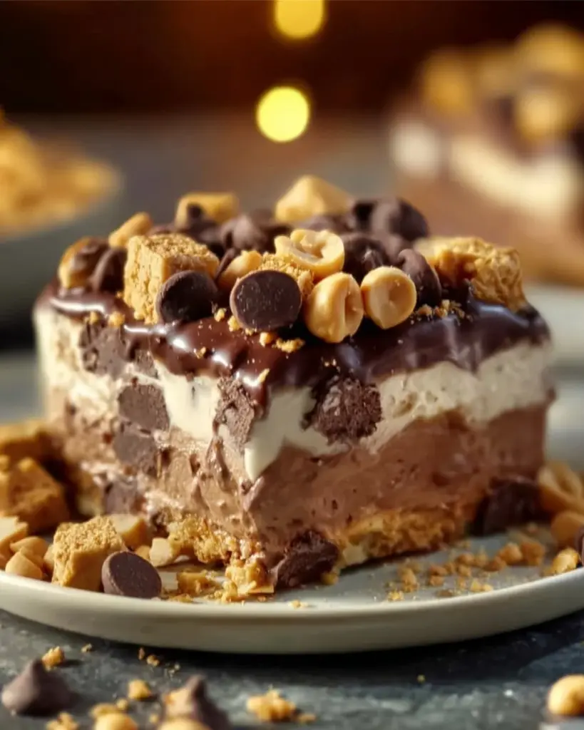 Delicious Reese's No-Bake Bars topped with chocolate and peanut butter.